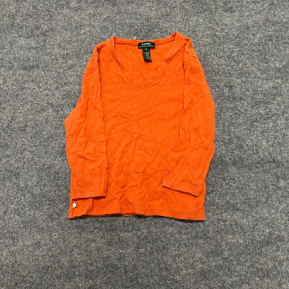 Lauren Ralph Lauren Shirt Womens Size S Orange Cotton V-Neck Long Sleeve Ribbed
